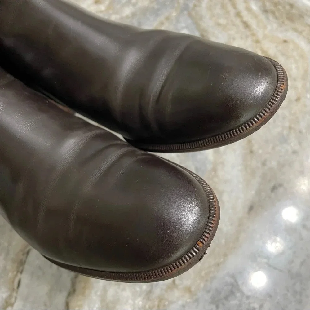 Salvatore Ferragamo Brown Leather Ankle Heeled Boots Size 6B Gold Buckle Detail